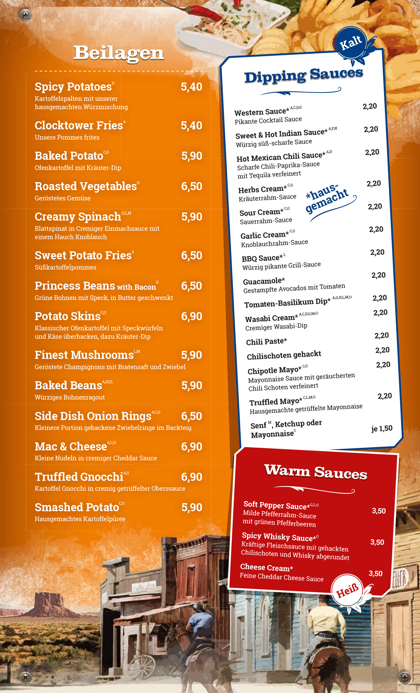 Auflistung der Beilagen aus der Speisekarte
