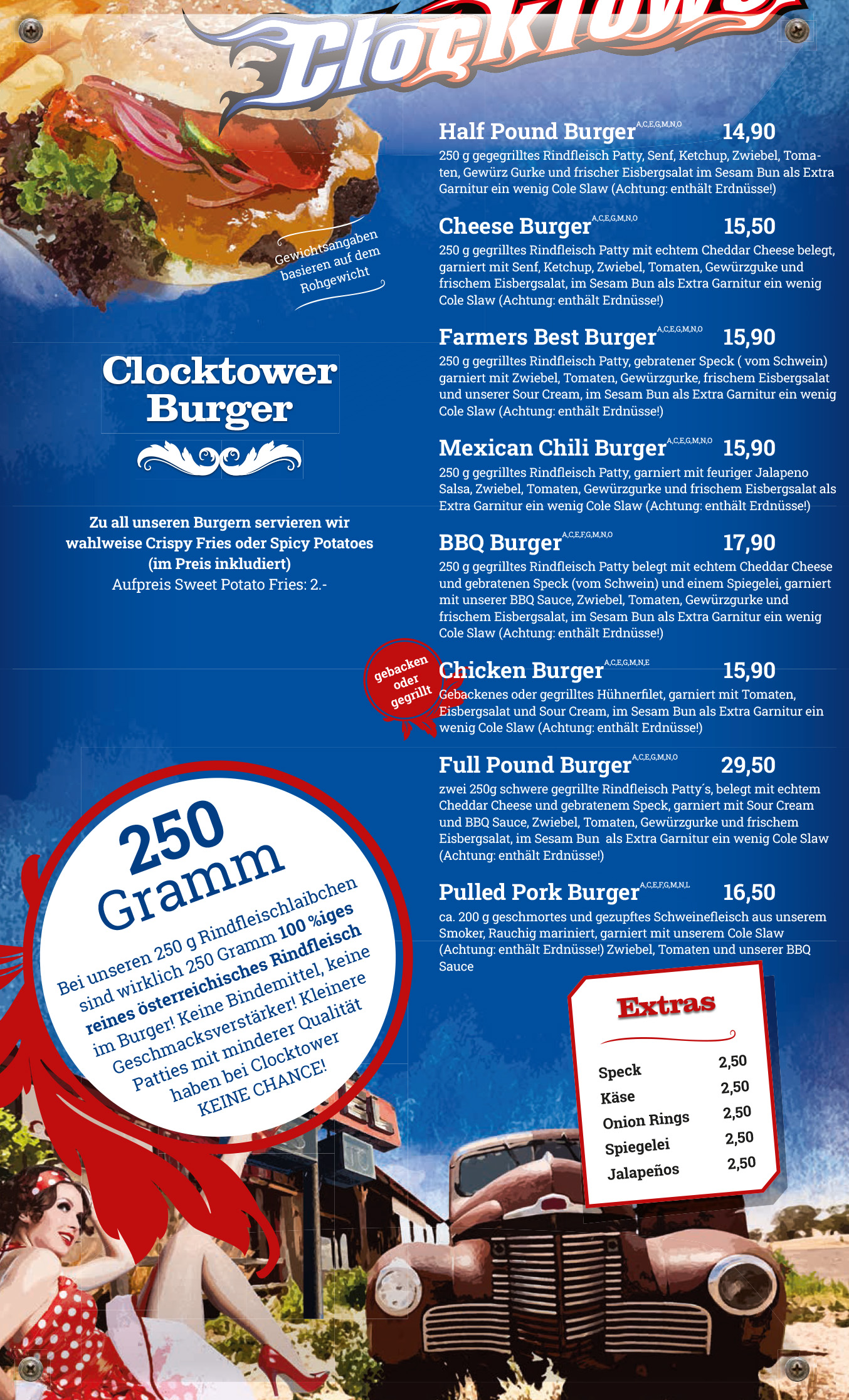 Auszug der Burger vom Clocktower Wien-Süd aus der Speisekarte