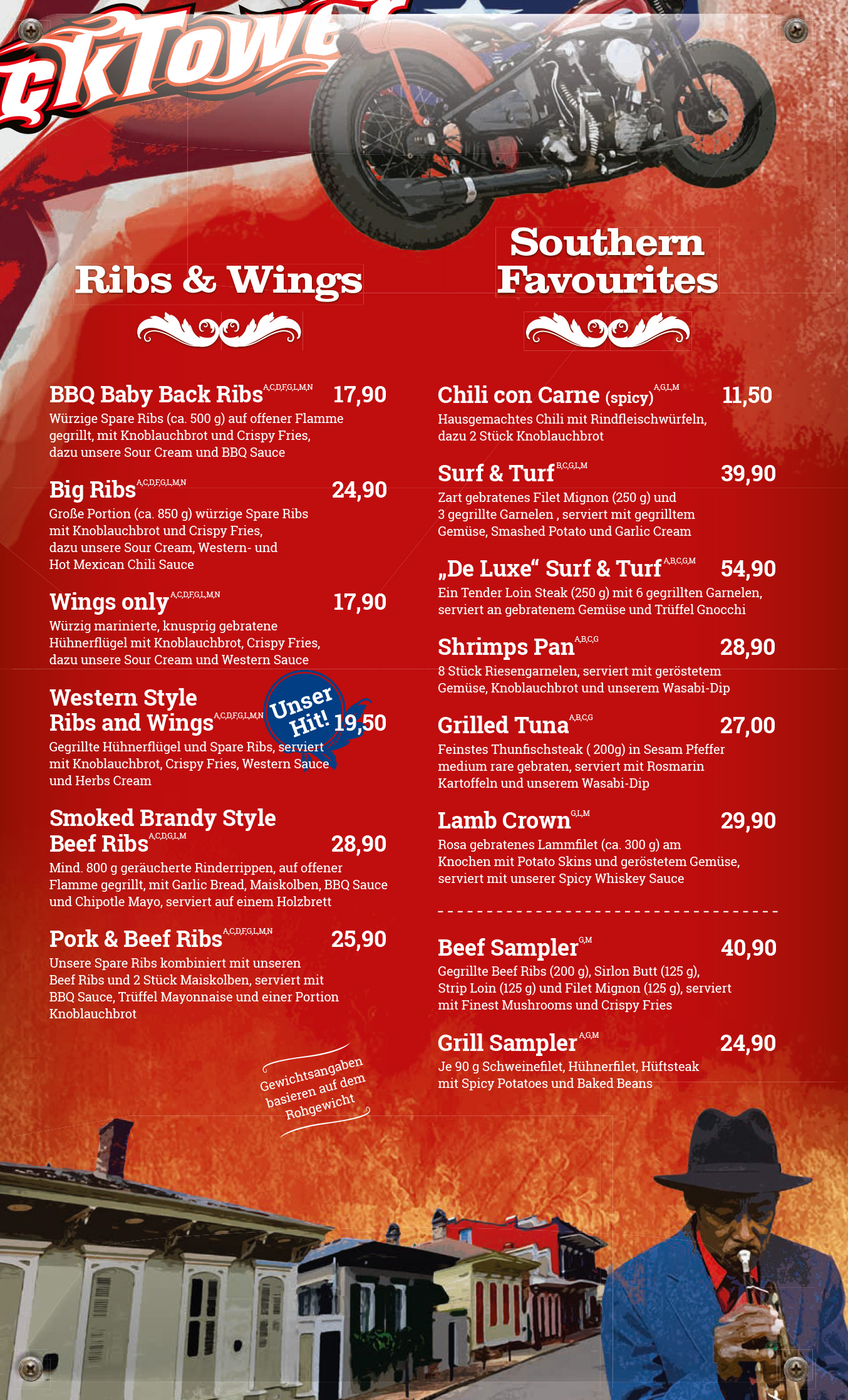 Auflistung der Speisen zum Thema Ribs, Wings und Southern Favourites