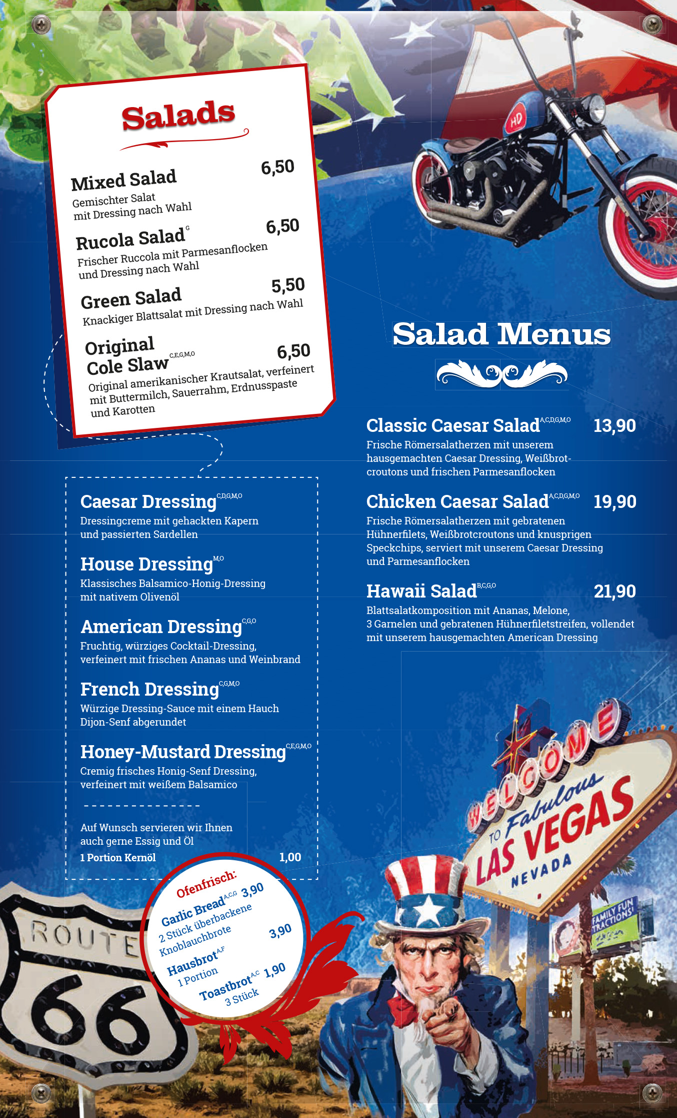 Große Auswahl an Salat-Variationen in der Speisekarte vom Clocktower in Wien-Süd