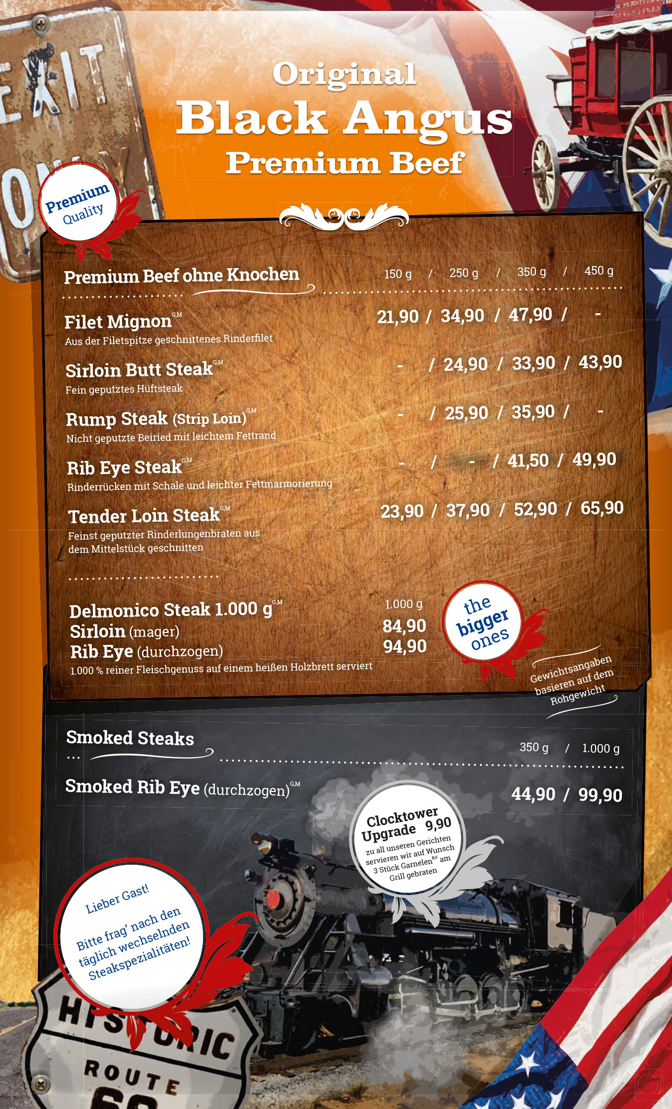 Gerichte aus der Speisekarte vom "Original Angus Premium Beef"