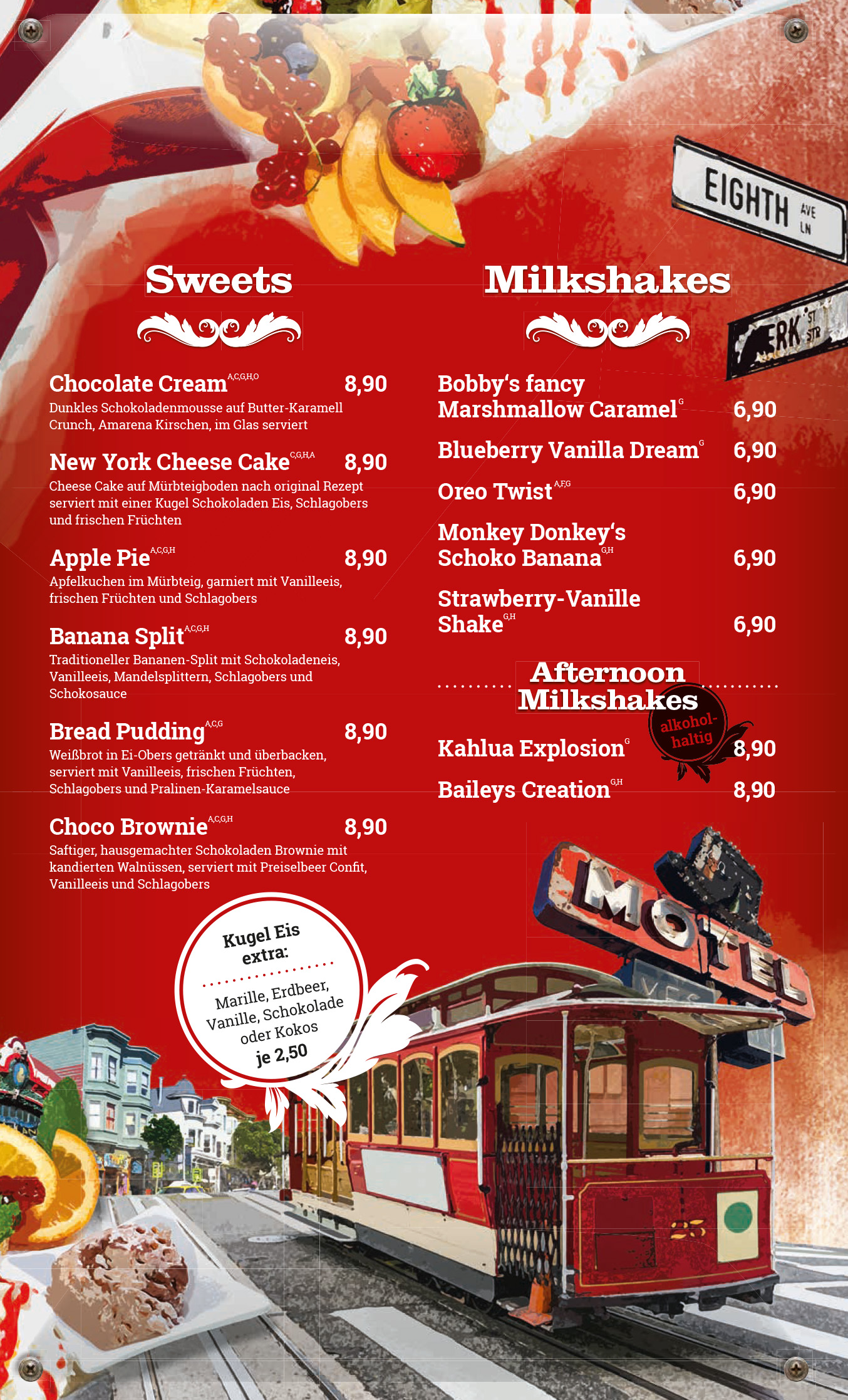 Auflistung der Nachspeisen aus der Speisekarte