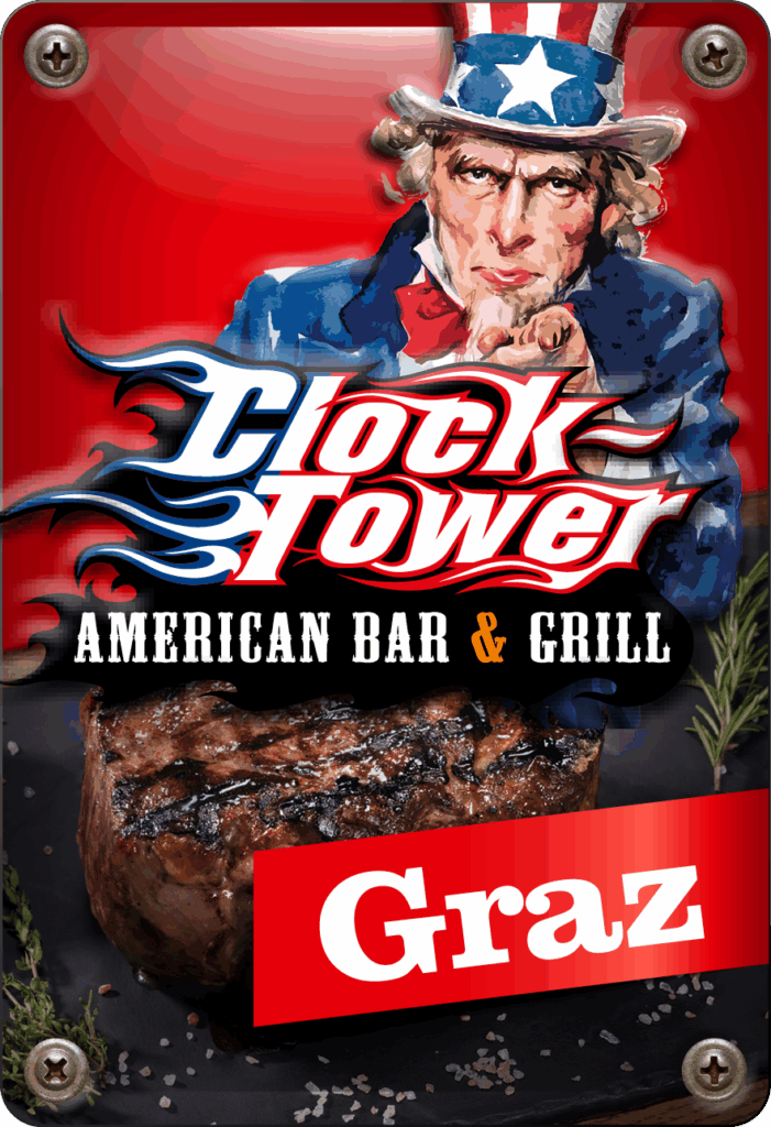 Vintage-Schild zu Clocktower Graz